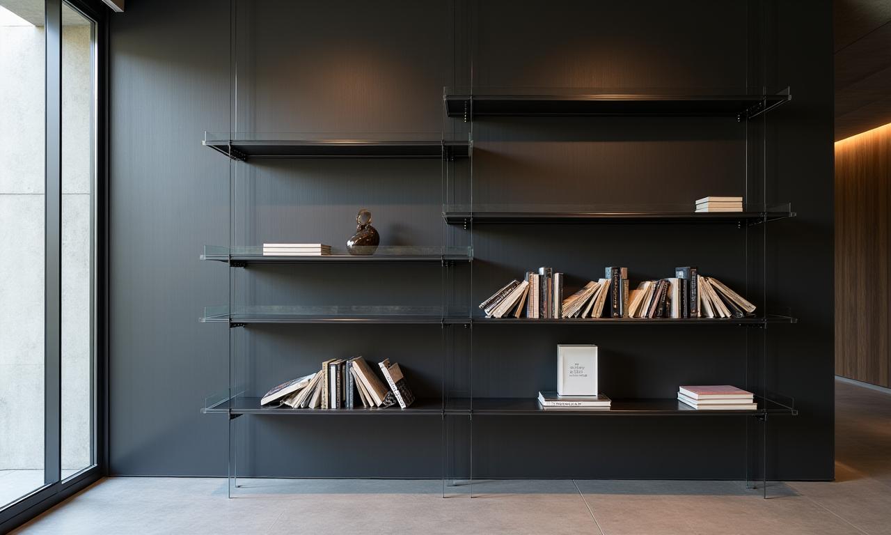 Bibliothèque sculpturale en métal et verre, installation murale