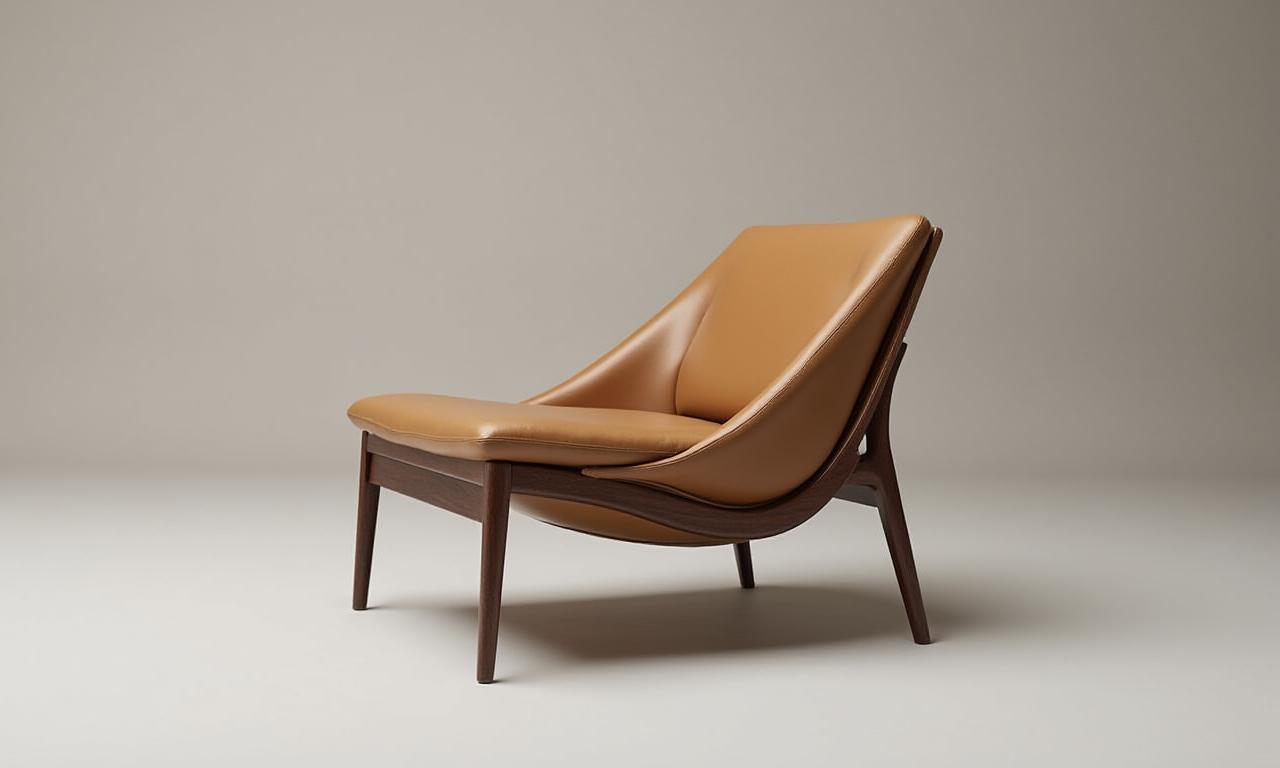 Fauteuil épuré en cuir et noyer, design minimaliste