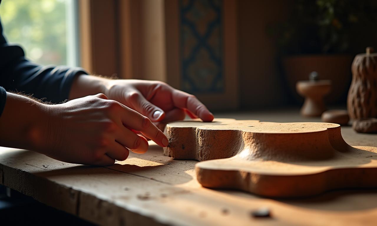 Mains d'artisan travaillant un bois précieux dans un atelier éclairé