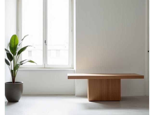 Pièce de mobilier en bois massif, design minimaliste, dans un intérieur lumineux