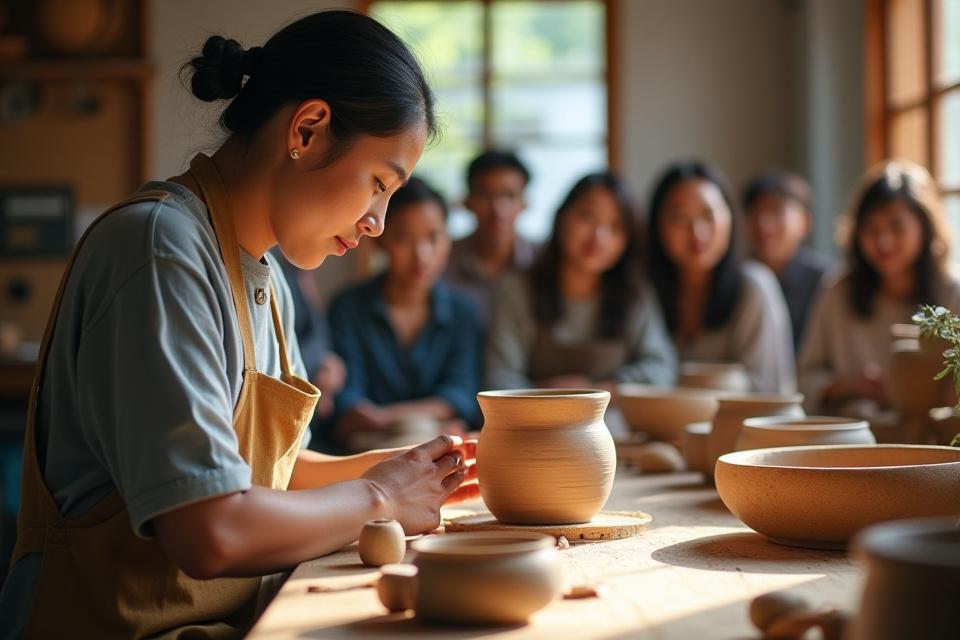 地元の職人と話す旅行者